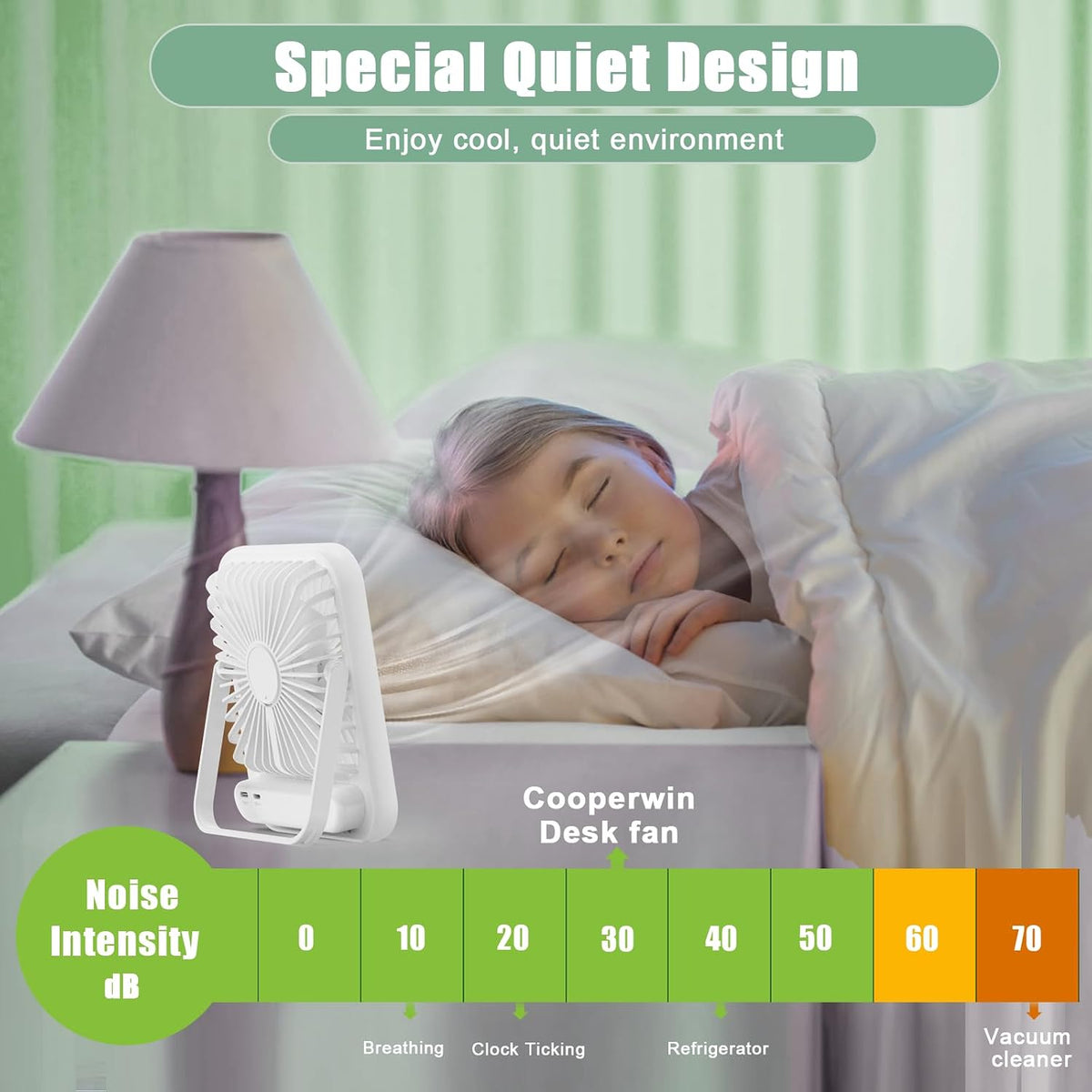 Portable Travel Fan for Sleeping, 6.8" Small Desk Fan Quiet
