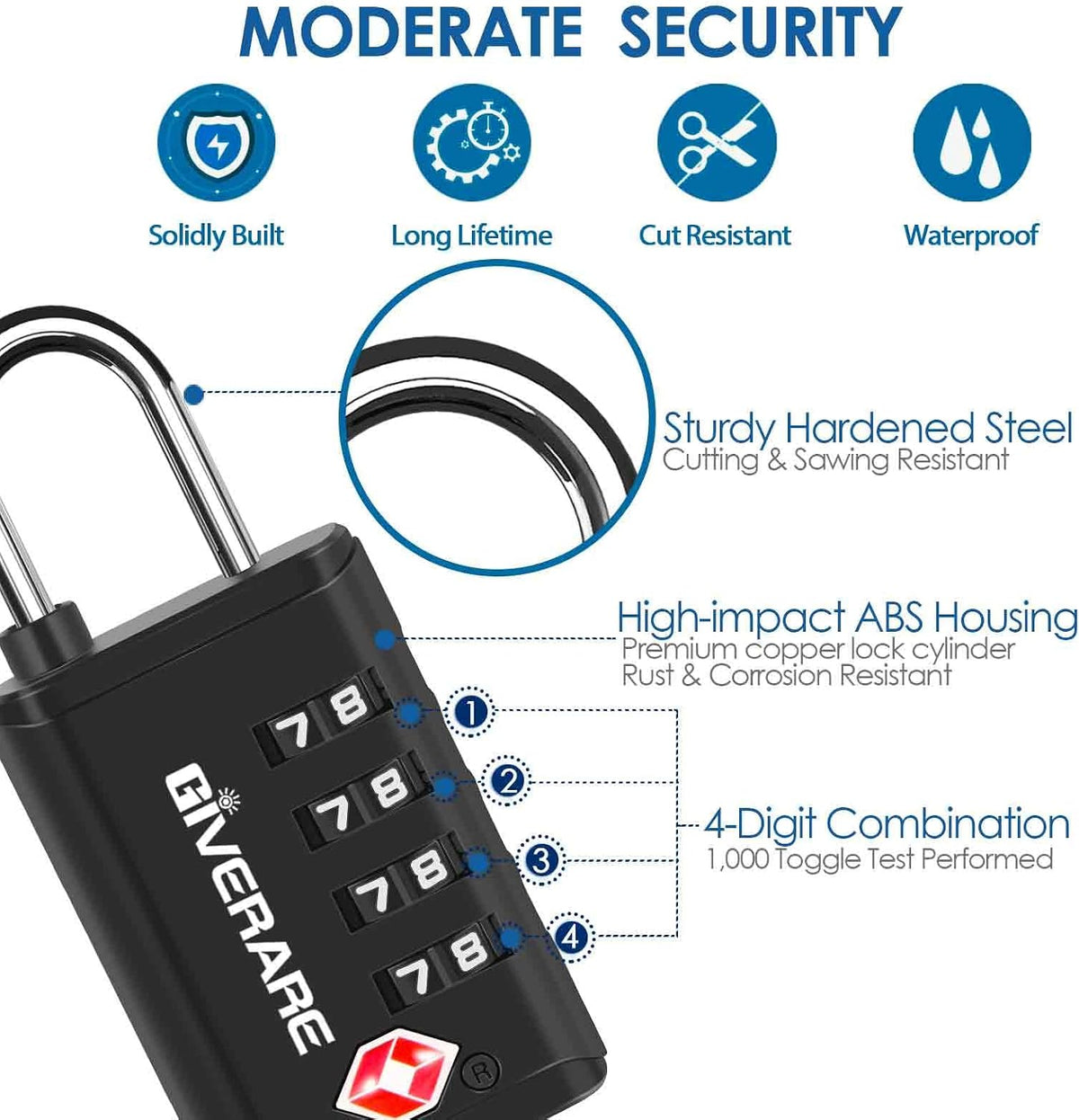 4 Pack TSA Approved Travel Luggage Locks 4-Digit, Open Alert Suitcase Combination Lock, Keyless Zipper Padlocks, TSA Accepted Compatible Padlock for Gym Locker, Golf Bag Case, Anti Theft-Black