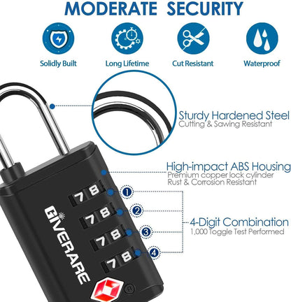 4 Pack TSA Approved Travel Luggage Locks 4-Digit, Open Alert Suitcase Combination Lock, Keyless Zipper Padlocks, TSA Accepted Compatible Padlock for Gym Locker, Golf Bag Case, Anti Theft-Black