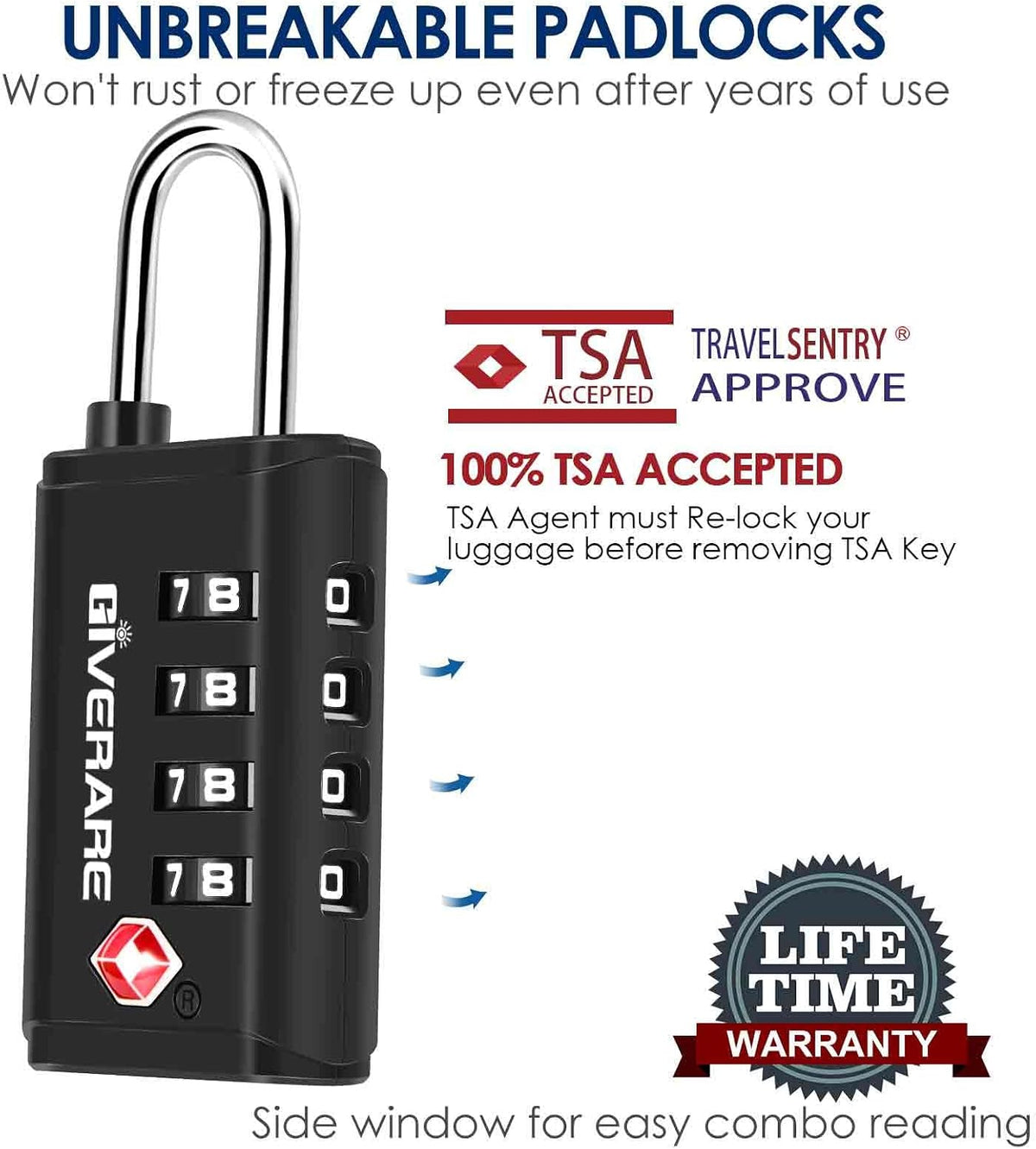 4 Pack TSA Approved Travel Luggage Locks 4-Digit, Open Alert Suitcase Combination Lock, Keyless Zipper Padlocks, TSA Accepted Compatible Padlock for Gym Locker, Golf Bag Case, Anti Theft-Black