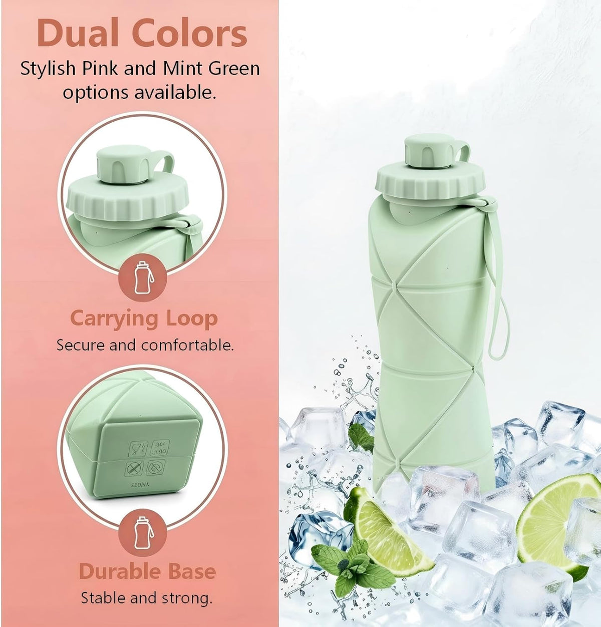 Collapsible Water Bottles 20oz (600ml), BPA-Free Silicone Foldable Portable Lightweight Reusable Water Bottle with Leak-Proof Lid & Lanyard for Outdoor Travel Cycling Gym & Camping