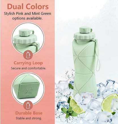 Collapsible Water Bottles 20oz (600ml), BPA-Free Silicone Foldable Portable Lightweight Reusable Water Bottle with Leak-Proof Lid & Lanyard for Outdoor Travel Cycling Gym & Camping