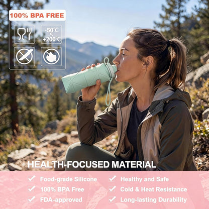Collapsible Water Bottles 20oz (600ml), BPA-Free Silicone Foldable Portable Lightweight Reusable Water Bottle with Leak-Proof Lid & Lanyard for Outdoor Travel Cycling Gym & Camping
