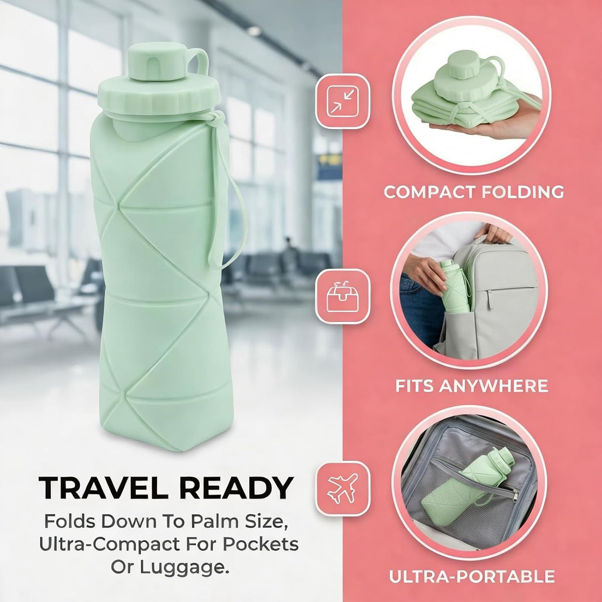 Collapsible Water Bottles 20oz (600ml), BPA-Free Silicone Foldable Portable Lightweight Reusable Water Bottle with Leak-Proof Lid & Lanyard for Outdoor Travel Cycling Gym & Camping