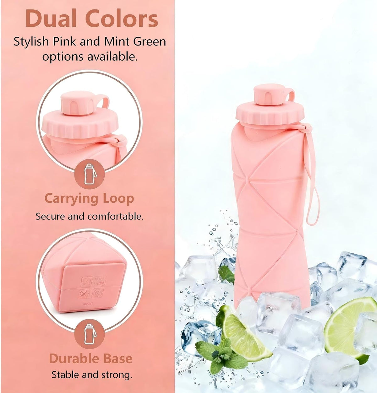 Collapsible Water Bottles 20oz (600ml), BPA-Free Silicone Foldable Portable Lightweight Reusable Water Bottle with Leak-Proof Lid & Lanyard for Outdoor Travel Cycling Gym & Camping