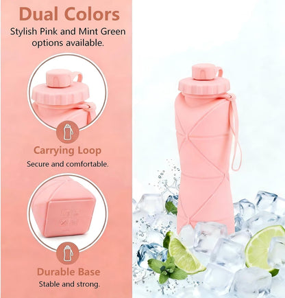 Collapsible Water Bottles 20oz (600ml), BPA-Free Silicone Foldable Portable Lightweight Reusable Water Bottle with Leak-Proof Lid & Lanyard for Outdoor Travel Cycling Gym & Camping