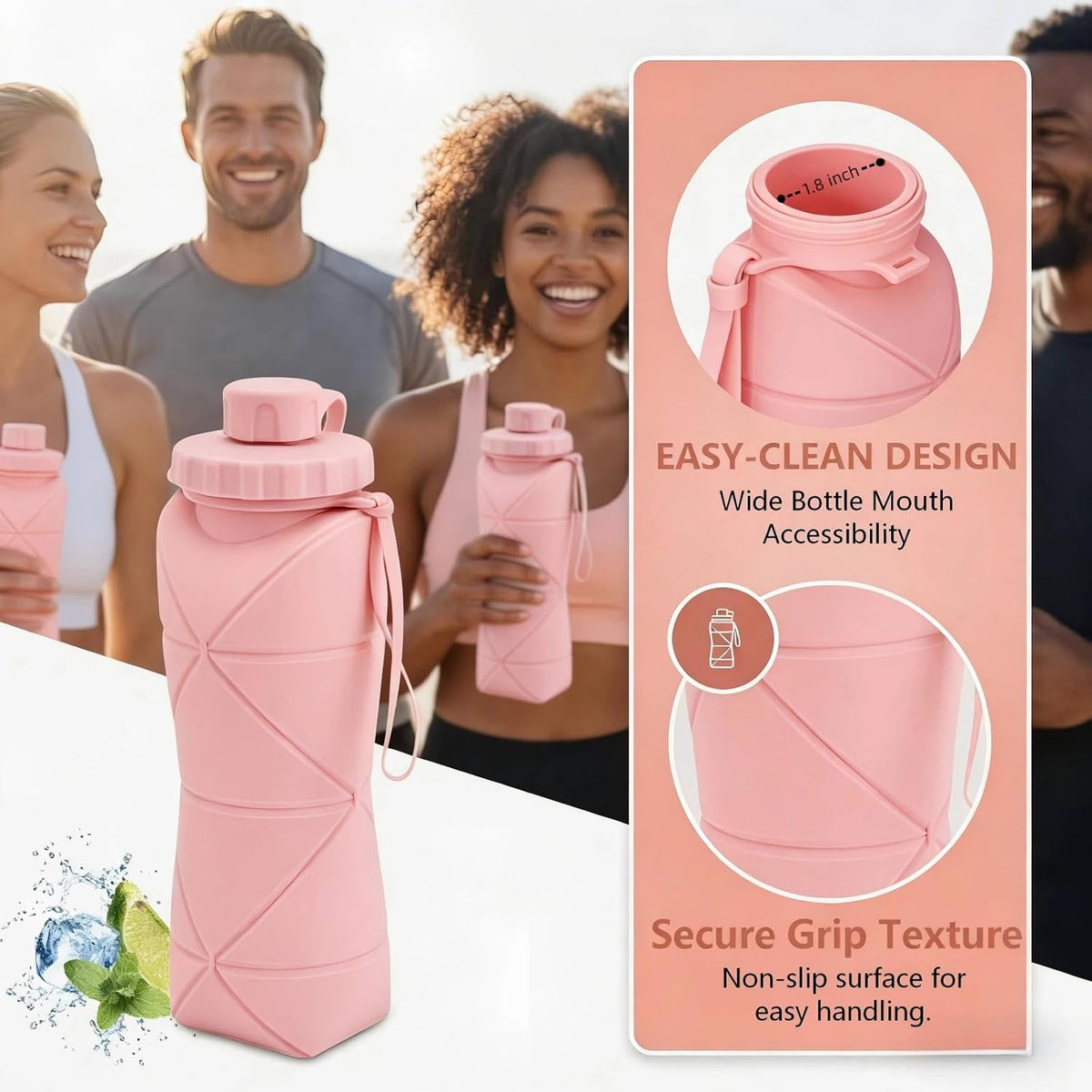 Collapsible Water Bottles 20oz (600ml), BPA-Free Silicone Foldable Portable Lightweight Reusable Water Bottle with Leak-Proof Lid & Lanyard for Outdoor Travel Cycling Gym & Camping