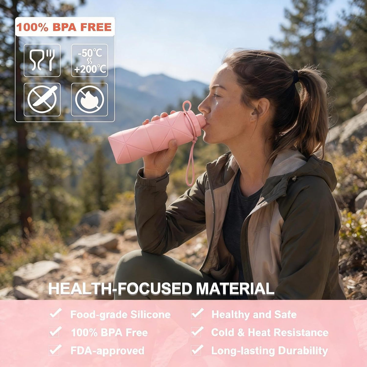Collapsible Water Bottles 20oz (600ml), BPA-Free Silicone Foldable Portable Lightweight Reusable Water Bottle with Leak-Proof Lid & Lanyard for Outdoor Travel Cycling Gym & Camping