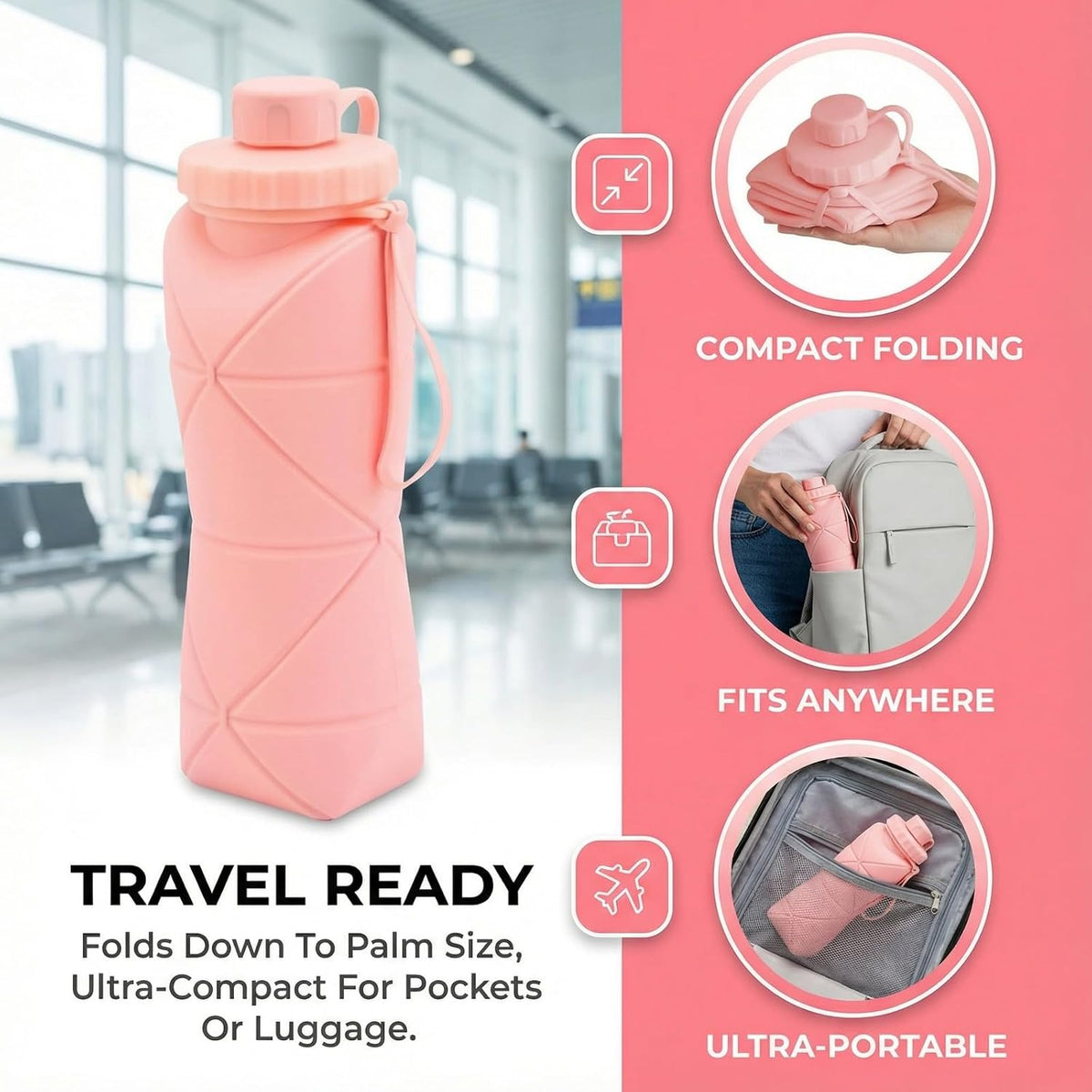 Collapsible Water Bottles 20oz (600ml), BPA-Free Silicone Foldable Portable Lightweight Reusable Water Bottle with Leak-Proof Lid & Lanyard for Outdoor Travel Cycling Gym & Camping