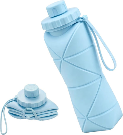 Collapsible Water Bottles 20oz (600ml), BPA-Free Silicone Foldable Portable Lightweight Reusable Water Bottle with Leak-Proof Lid & Lanyard for Outdoor Travel Cycling Gym & Camping