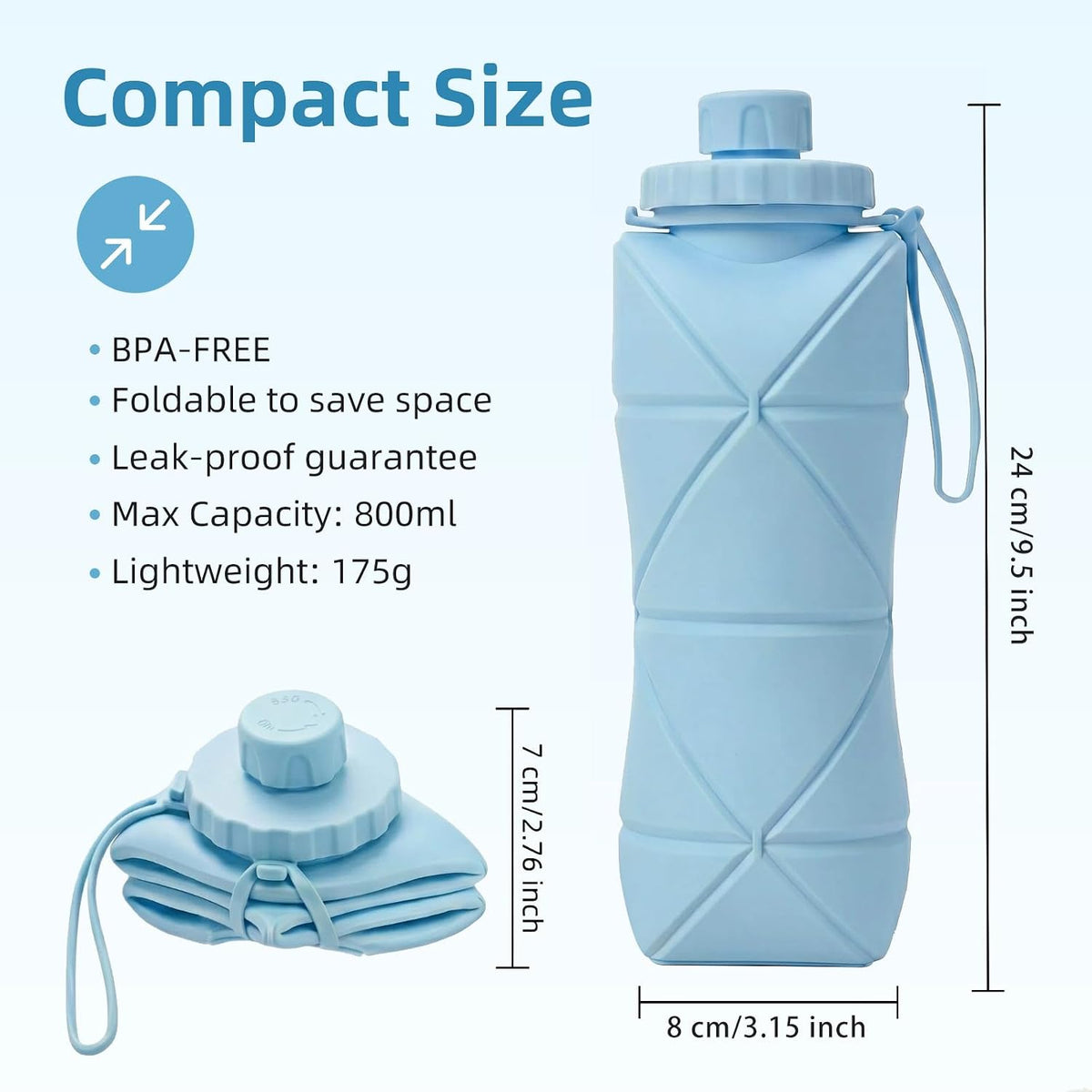Collapsible Water Bottles 20oz (600ml), BPA-Free Silicone Foldable Portable Lightweight Reusable Water Bottle with Leak-Proof Lid & Lanyard for Outdoor Travel Cycling Gym & Camping