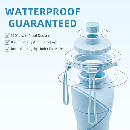 Collapsible Water Bottles 20oz (600ml), BPA-Free Silicone Foldable Portable Lightweight Reusable Water Bottle with Leak-Proof Lid & Lanyard for Outdoor Travel Cycling Gym & Camping