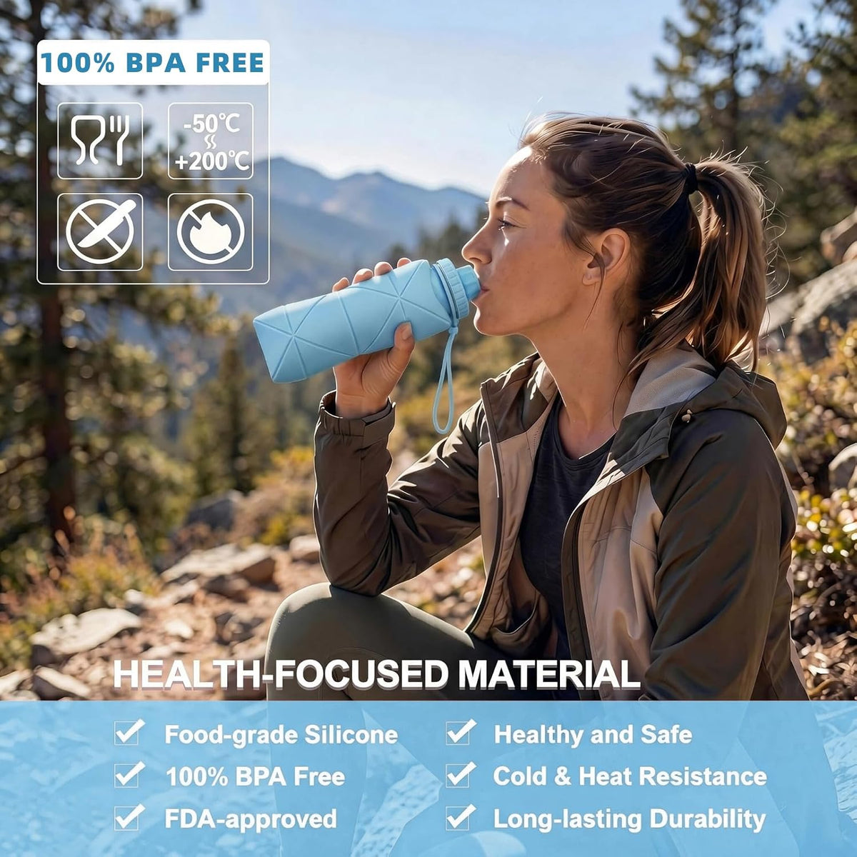 Collapsible Water Bottles 20oz (600ml), BPA-Free Silicone Foldable Portable Lightweight Reusable Water Bottle with Leak-Proof Lid & Lanyard for Outdoor Travel Cycling Gym & Camping