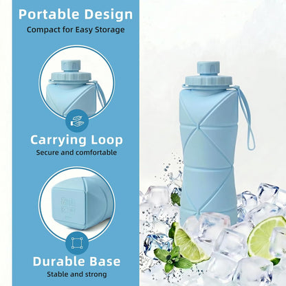 Collapsible Water Bottles 20oz (600ml), BPA-Free Silicone Foldable Portable Lightweight Reusable Water Bottle with Leak-Proof Lid & Lanyard for Outdoor Travel Cycling Gym & Camping