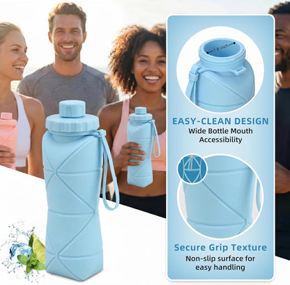 Collapsible Water Bottles 20oz (600ml), BPA-Free Silicone Foldable Portable Lightweight Reusable Water Bottle with Leak-Proof Lid & Lanyard for Outdoor Travel Cycling Gym & Camping