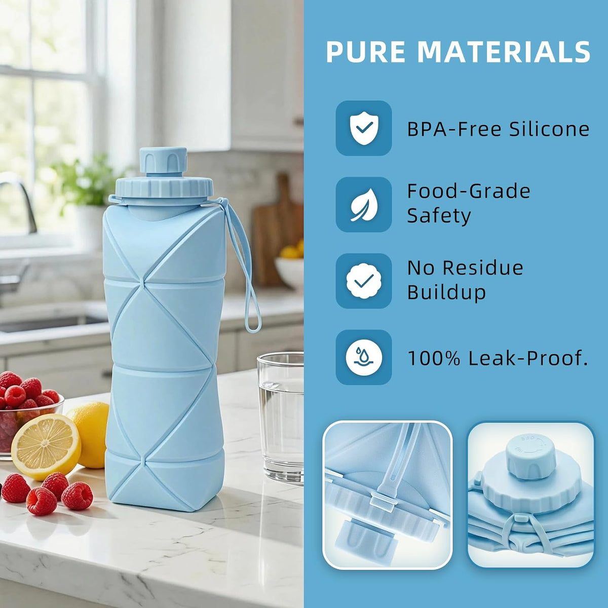 Collapsible Water Bottles 20oz (600ml), BPA-Free Silicone Foldable Portable Lightweight Reusable Water Bottle with Leak-Proof Lid & Lanyard for Outdoor Travel Cycling Gym & Camping