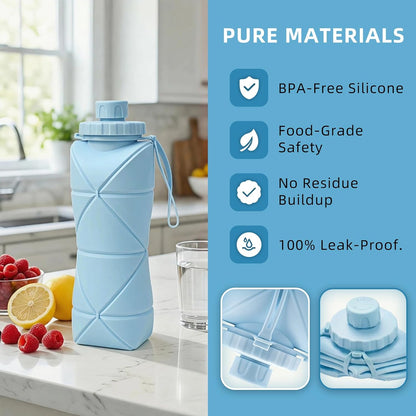 Collapsible Water Bottles 20oz (600ml), BPA-Free Silicone Foldable Portable Lightweight Reusable Water Bottle with Leak-Proof Lid & Lanyard for Outdoor Travel Cycling Gym & Camping