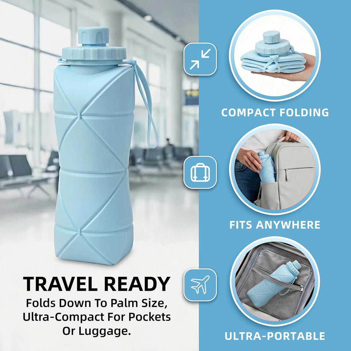 Collapsible Water Bottles 20oz (600ml), BPA-Free Silicone Foldable Portable Lightweight Reusable Water Bottle with Leak-Proof Lid & Lanyard for Outdoor Travel Cycling Gym & Camping