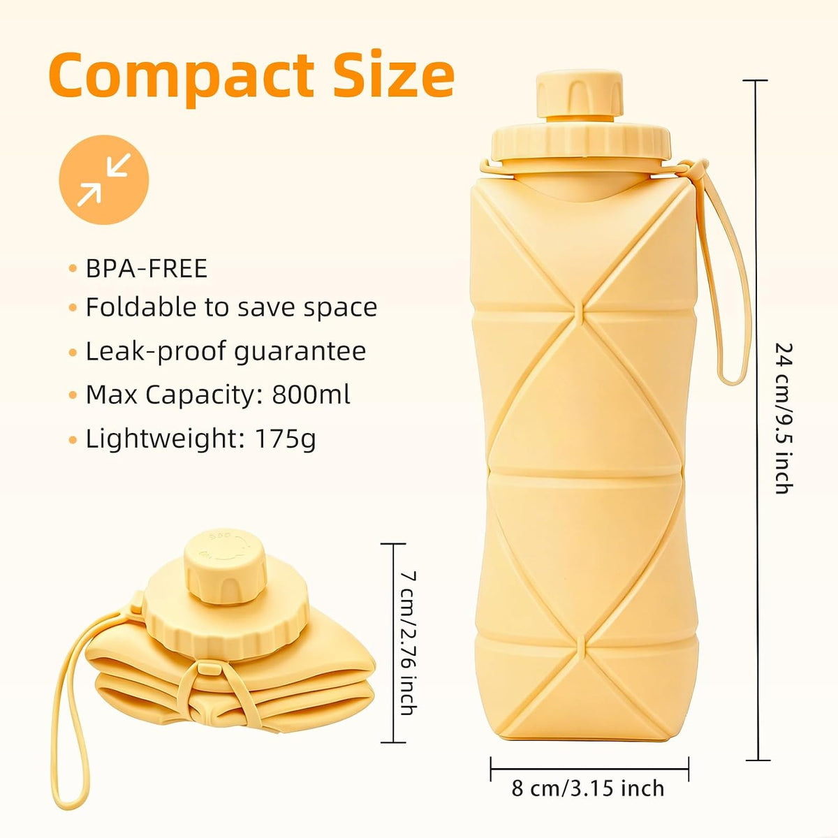 Collapsible Water Bottles 20oz (600ml), BPA-Free Silicone Foldable Portable Lightweight Reusable Water Bottle with Leak-Proof Lid & Lanyard for Outdoor Travel Cycling Gym & Camping