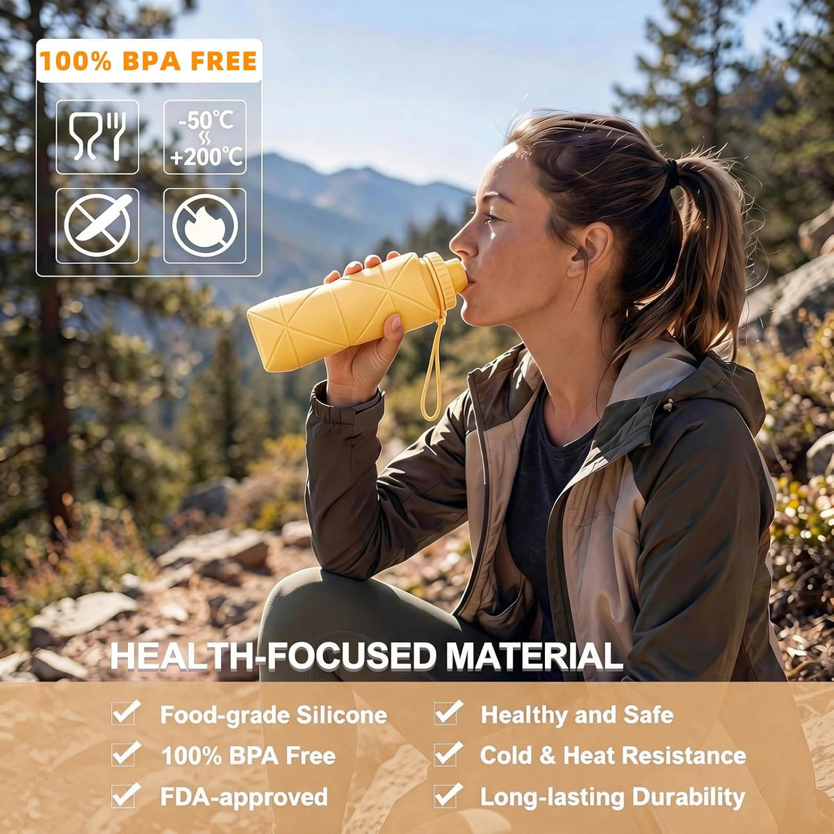 Collapsible Water Bottles 20oz (600ml), BPA-Free Silicone Foldable Portable Lightweight Reusable Water Bottle with Leak-Proof Lid & Lanyard for Outdoor Travel Cycling Gym & Camping