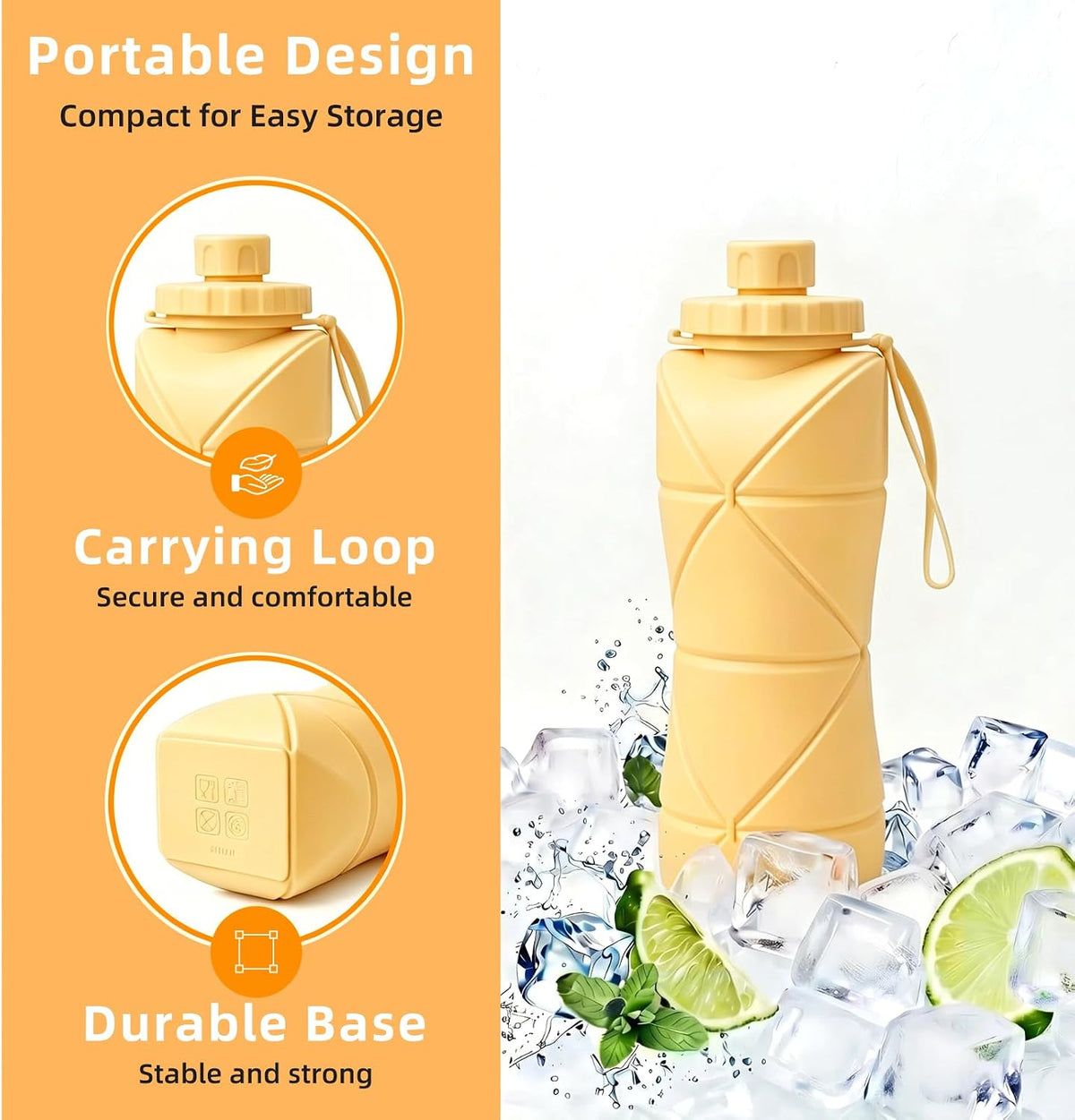 Collapsible Water Bottles 20oz (600ml), BPA-Free Silicone Foldable Portable Lightweight Reusable Water Bottle with Leak-Proof Lid & Lanyard for Outdoor Travel Cycling Gym & Camping