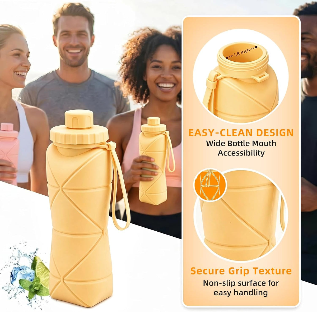 Collapsible Water Bottles 20oz (600ml), BPA-Free Silicone Foldable Portable Lightweight Reusable Water Bottle with Leak-Proof Lid & Lanyard for Outdoor Travel Cycling Gym & Camping