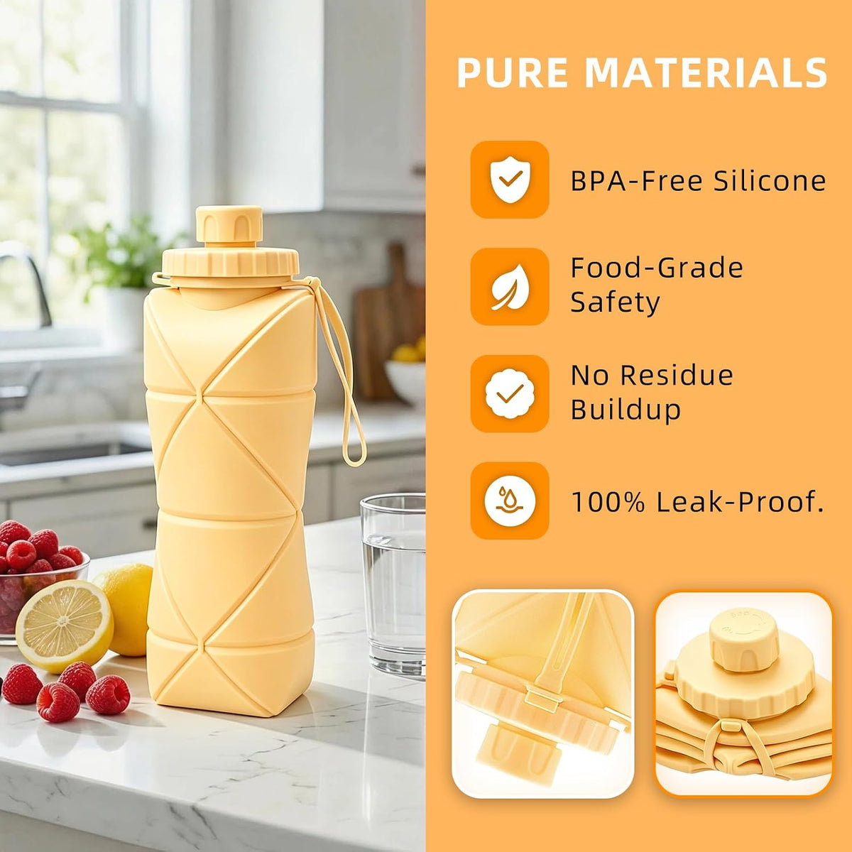 Collapsible Water Bottles 20oz (600ml), BPA-Free Silicone Foldable Portable Lightweight Reusable Water Bottle with Leak-Proof Lid & Lanyard for Outdoor Travel Cycling Gym & Camping