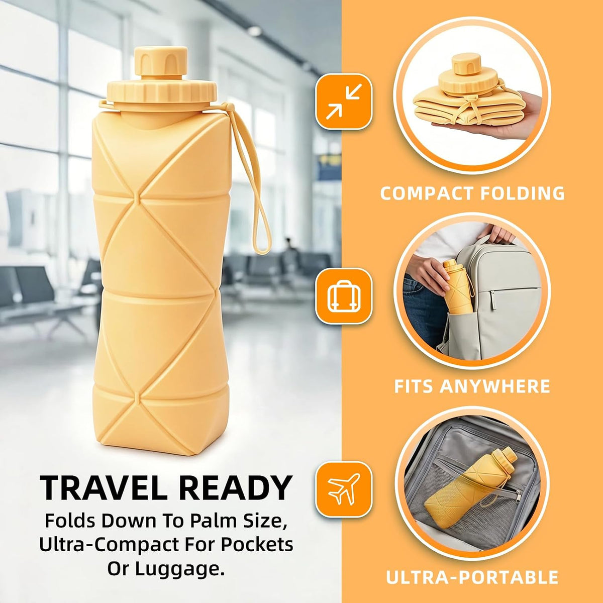 Collapsible Water Bottles 20oz (600ml), BPA-Free Silicone Foldable Portable Lightweight Reusable Water Bottle with Leak-Proof Lid & Lanyard for Outdoor Travel Cycling Gym & Camping