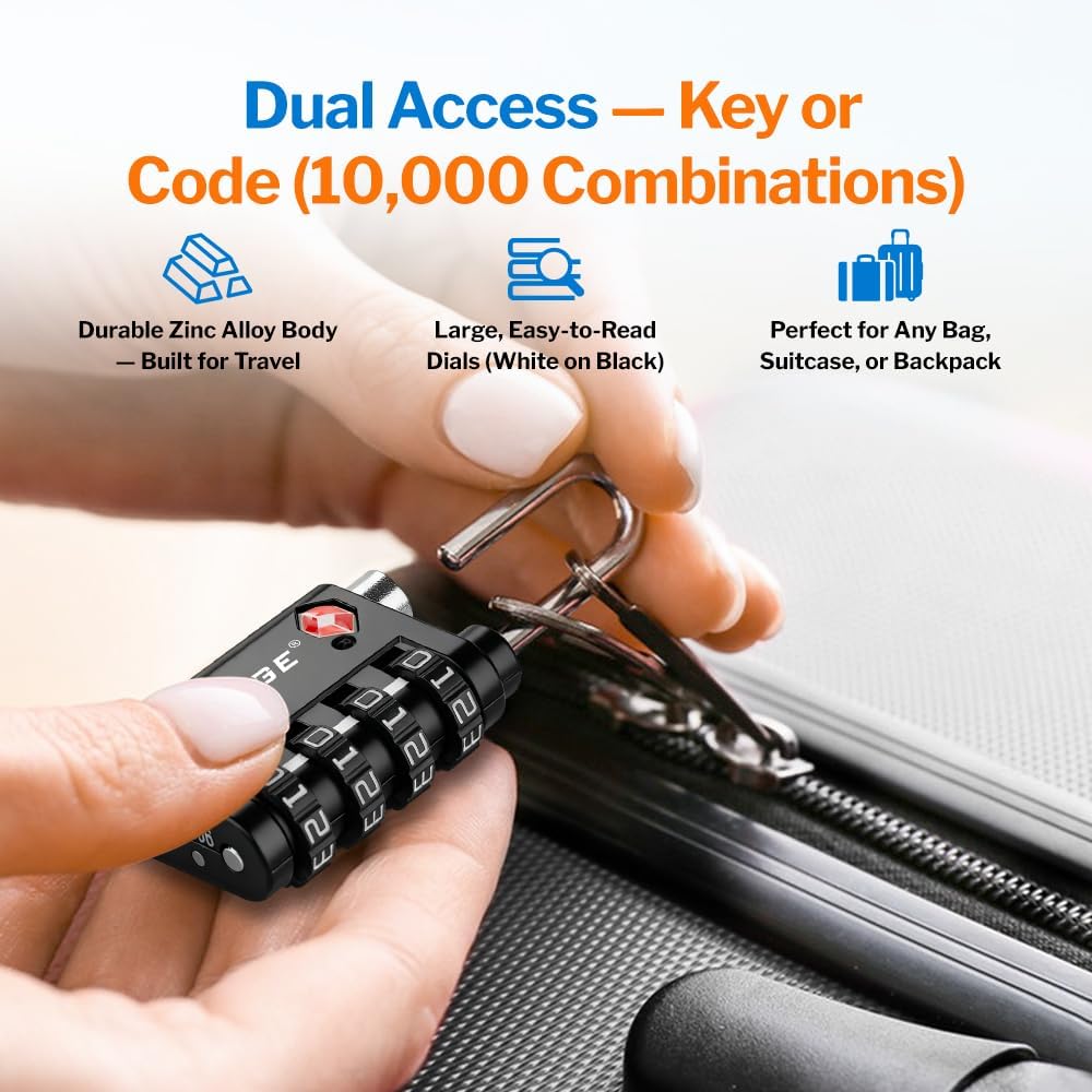 Dual-Opening: Key or Combination Lock, TSA Approved Lock for Luggage, Pelican case, Travel, Gym, School,Luggage Combination Lock,Travel Bag Lock (Black)