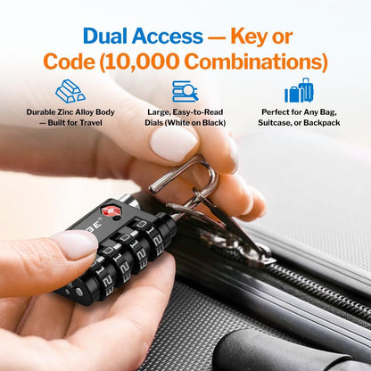 Dual-Opening: Key or Combination Lock, TSA Approved Lock for Luggage, Pelican case, Travel, Gym, School,Luggage Combination Lock,Travel Bag Lock (Black)