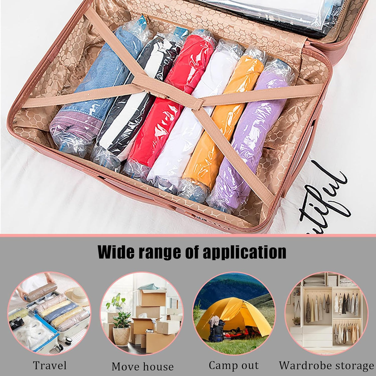 5 Pack Travel Roll up Compression Bag 16 x 24 Inch, Hand-Rolled Packing Vacuum Seal Bags for Travel, Room Saver Storage Zipper, Vacuum Sealer Bags Clothes for Luggage Clothing