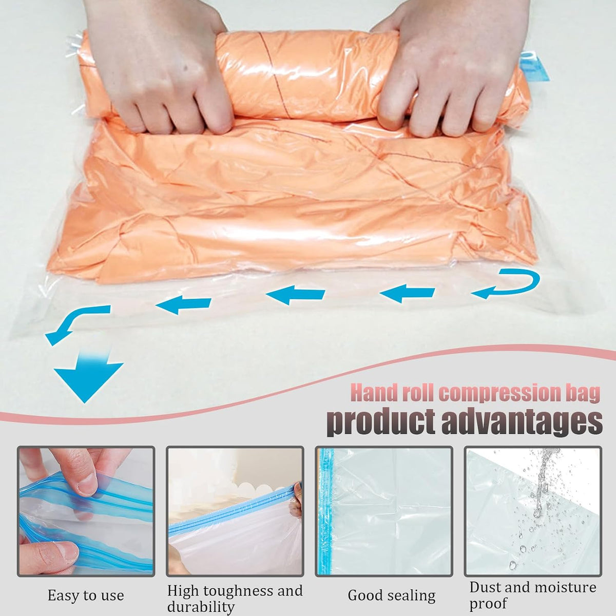 5 Pack Travel Roll up Compression Bag 16 x 24 Inch, Hand-Rolled Packing Vacuum Seal Bags for Travel, Room Saver Storage Zipper, Vacuum Sealer Bags Clothes for Luggage Clothing