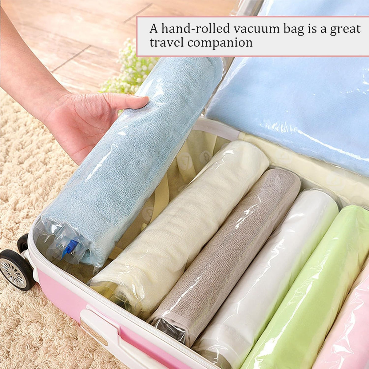 5 Pack Travel Roll up Compression Bag 16 x 24 Inch, Hand-Rolled Packing Vacuum Seal Bags for Travel, Room Saver Storage Zipper, Vacuum Sealer Bags Clothes for Luggage Clothing