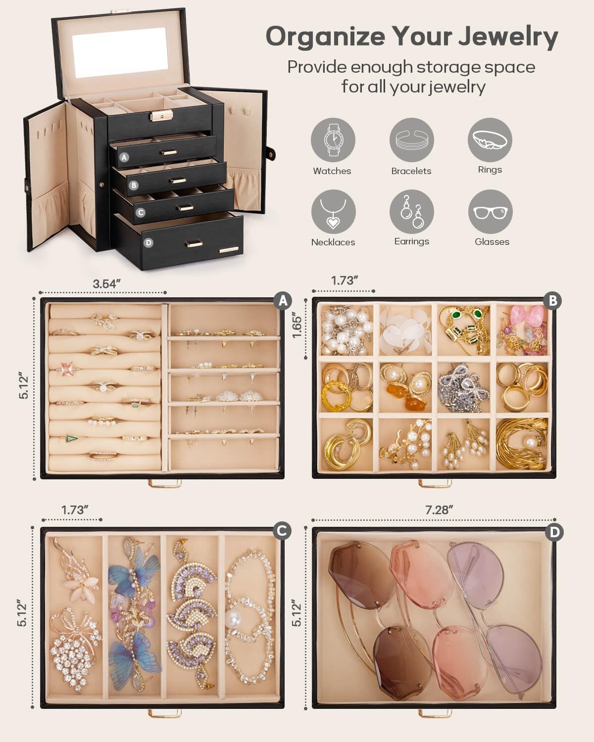 Large Jewelry Box for Women: 5-Layer Organizer with Lock for Dresser