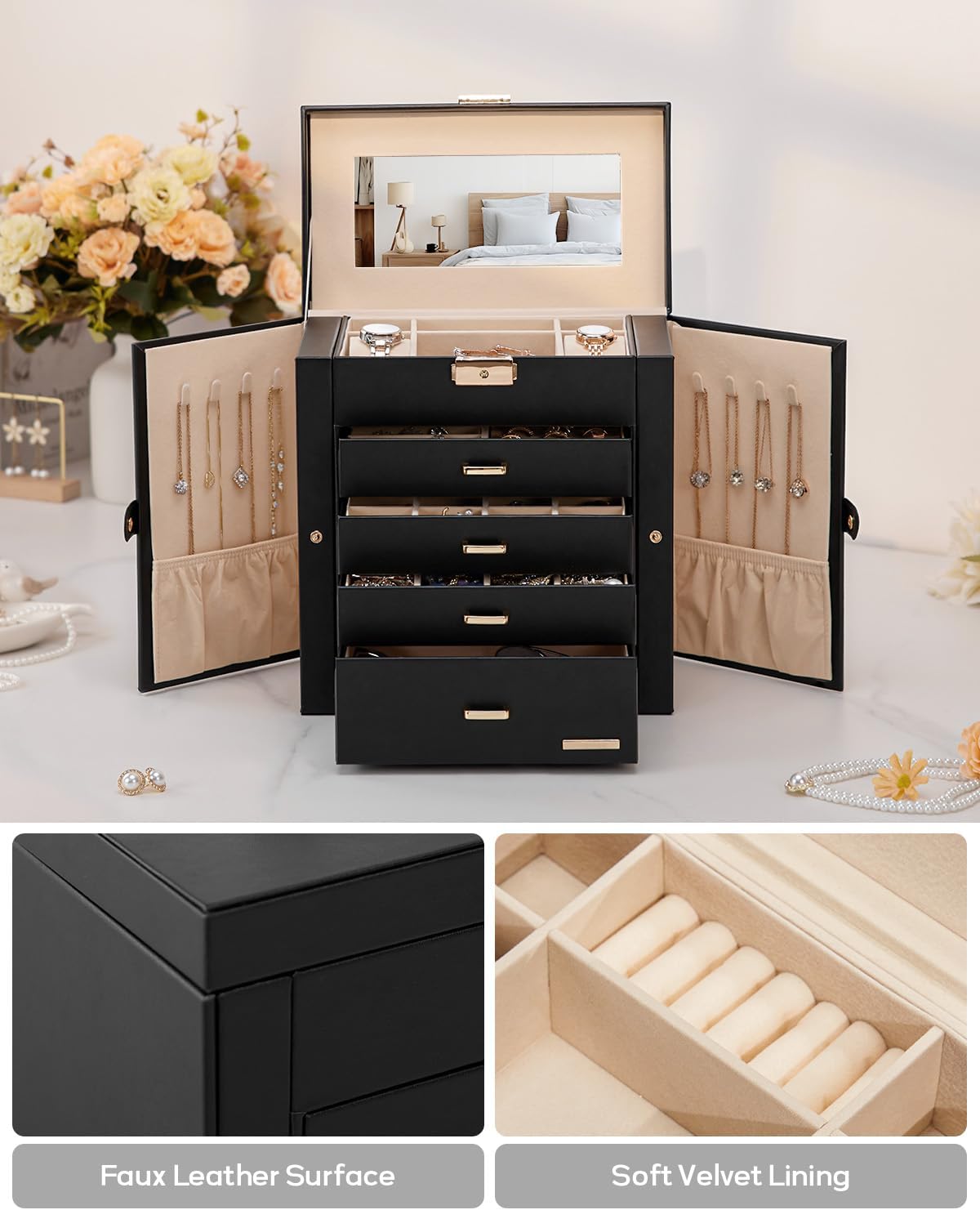 Large Jewelry Box for Women: 5-Layer Organizer with Lock for Dresser