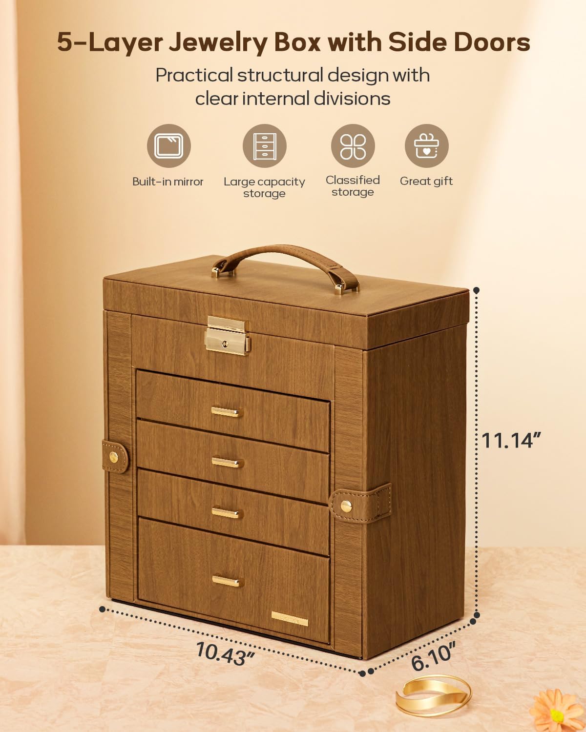 Large Jewelry Box for Women: 5-Layer Organizer with Lock for Dresser