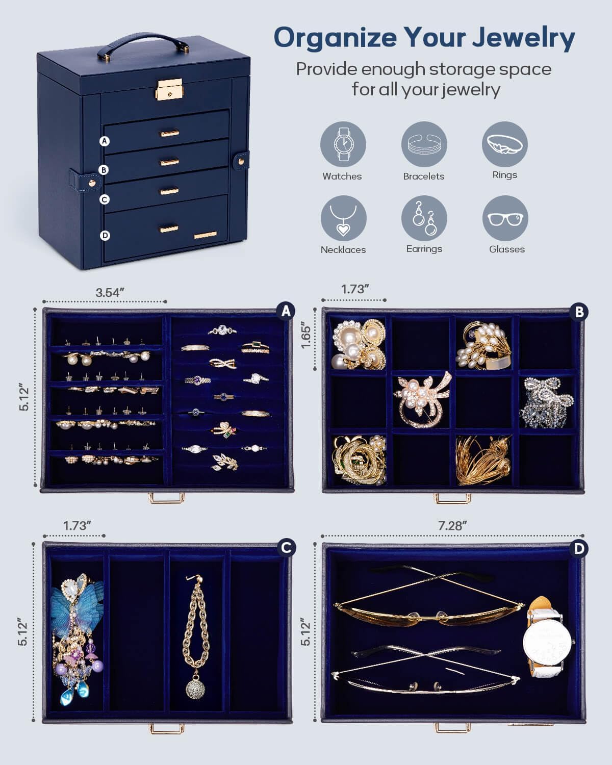 Large Jewelry Box for Women: 5-Layer Organizer with Lock for Dresser
