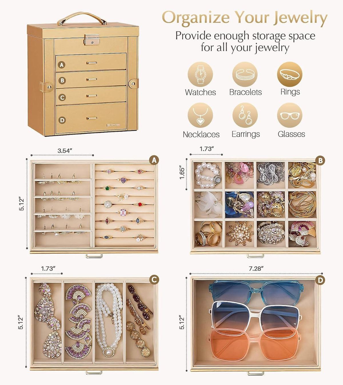 Large Jewelry Box for Women: 5-Layer Organizer with Lock for Dresser