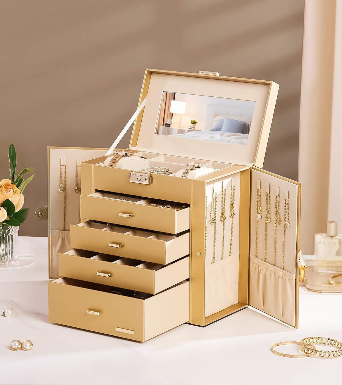 Large Jewelry Box for Women: 5-Layer Organizer with Lock for Dresser