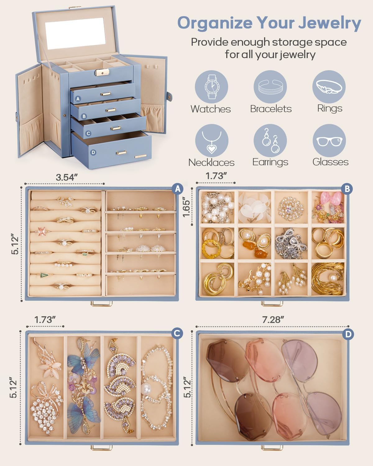 Large Jewelry Box for Women: 5-Layer Organizer with Lock for Dresser