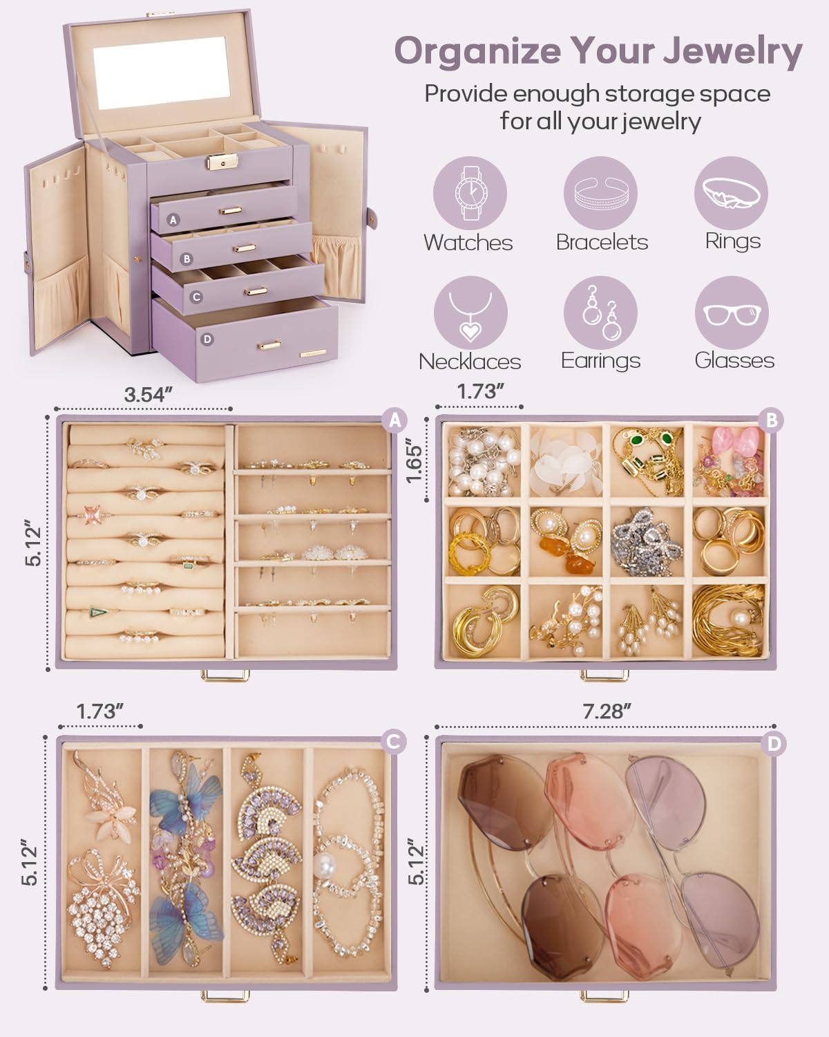 Large Jewelry Box for Women: 5-Layer Organizer with Lock for Dresser