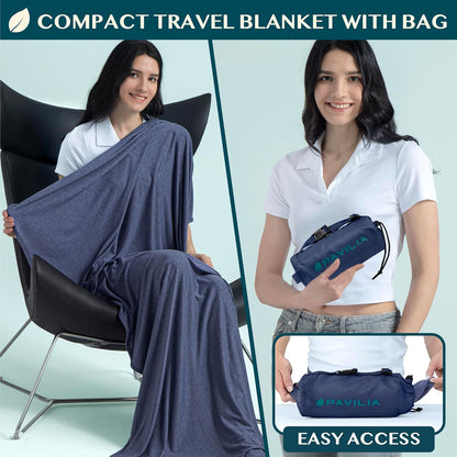 Travel Blanket Airplane Compact with Bag Lightweight, Navy Blue