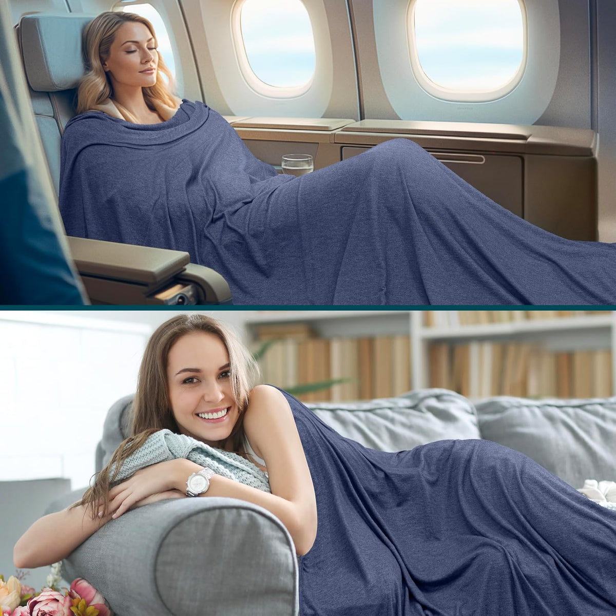 Travel Blanket Airplane Compact with Bag Lightweight, Navy Blue