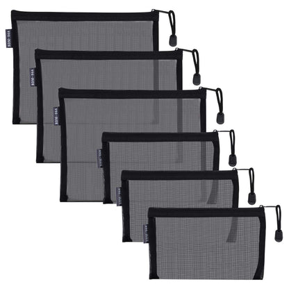 HRX Package 6pcs Mesh Makeup Bags for Travel, 2 Sizes A5 A6 (Black)