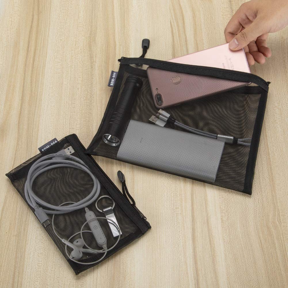 HRX Package 6pcs Mesh Makeup Bags for Travel, 2 Sizes A5 A6 (Black)