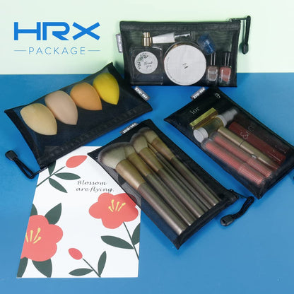 HRX Package 6pcs Mesh Makeup Bags for Travel, 2 Sizes A5 A6 (Black)