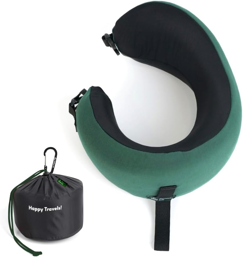 C Travel Pillow, Award-Winning Patented Ergonomic Design for Chin & Neck Support Memory Foam Neck Pillow, Compact Airplane Pillow for Traveling, Flight, Car (Hunter Green, Medium)