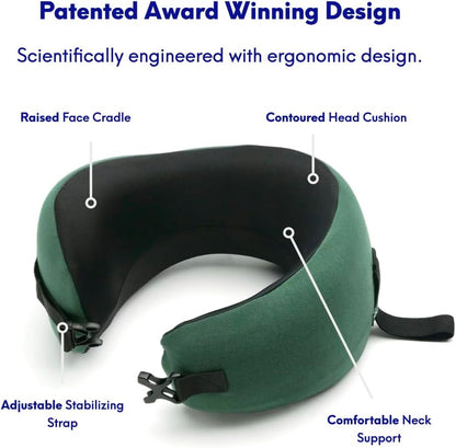 C Travel Pillow, Award-Winning Patented Ergonomic Design for Chin & Neck Support Memory Foam Neck Pillow, Compact Airplane Pillow for Traveling, Flight, Car (Hunter Green, Medium)