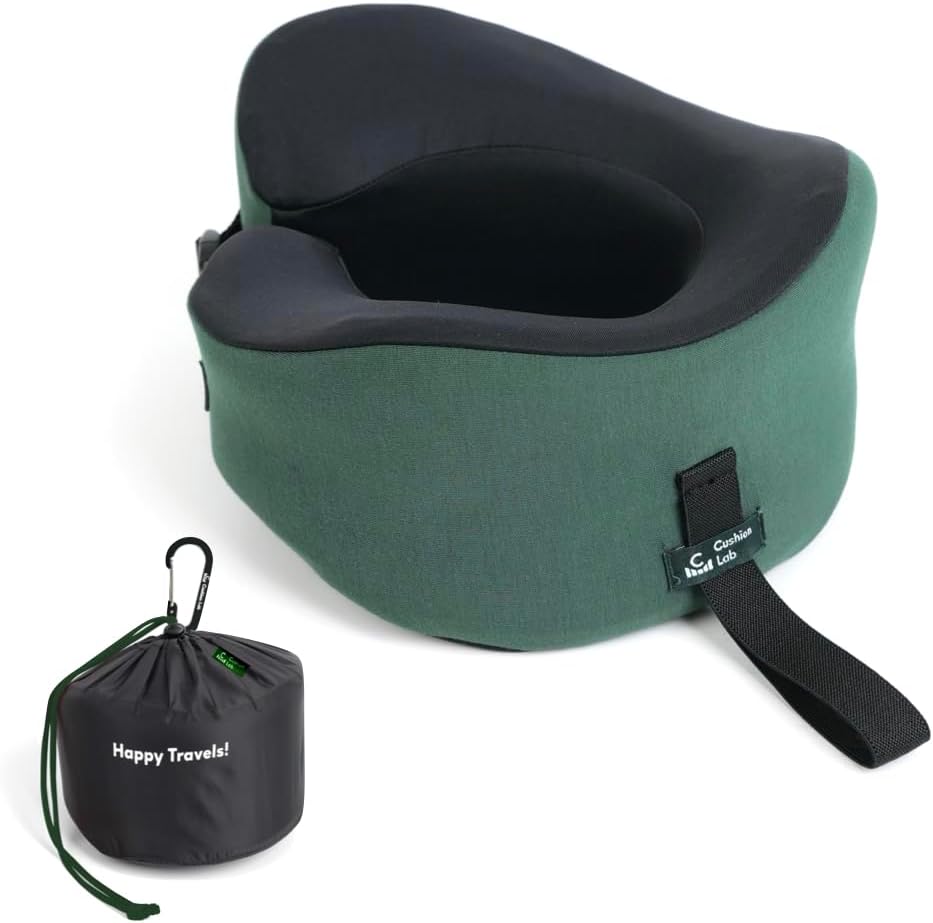 C Travel Pillow, Award-Winning Patented Ergonomic Design for Chin & Neck Support Memory Foam Neck Pillow, Compact Airplane Pillow for Traveling, Flight, Car (Hunter Green, Medium)