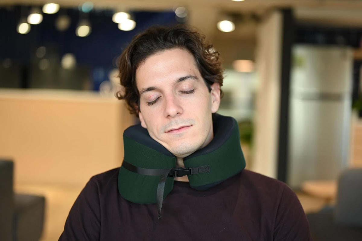 C Travel Pillow, Award-Winning Patented Ergonomic Design for Chin & Neck Support Memory Foam Neck Pillow, Compact Airplane Pillow for Traveling, Flight, Car (Hunter Green, Medium)